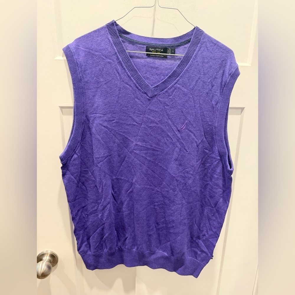 Nautica Mens Large Purple Sweater Vest V Neck Cotton Modal Preppy Golf
